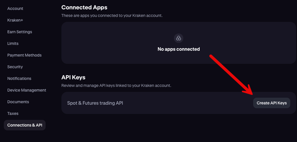 Kraken API settings page